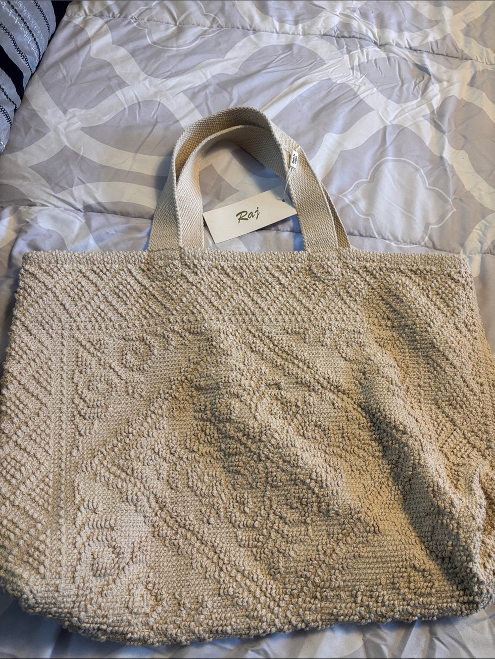 Raj Cream Textured Tote Bag with Woven Diamond Design